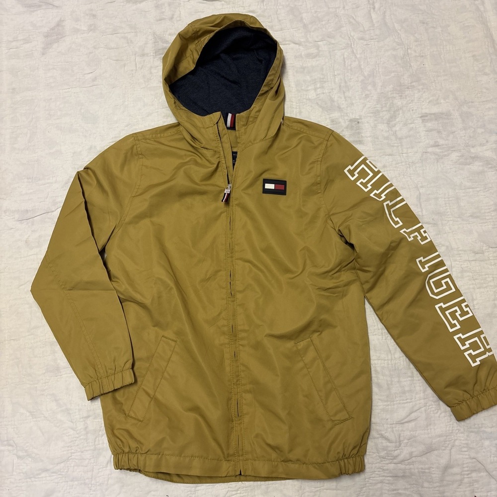Tommy Hilfiger‎ Boy Jacket L/G 14/16 Mustard Logo  Long Sleeve Windbreaker Hood
